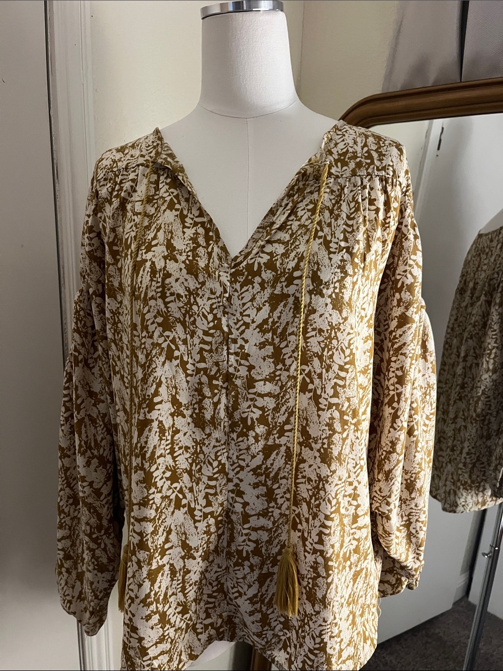 Sophie & Hailee Mustard Floral Tie-Neck Peasant Blouse